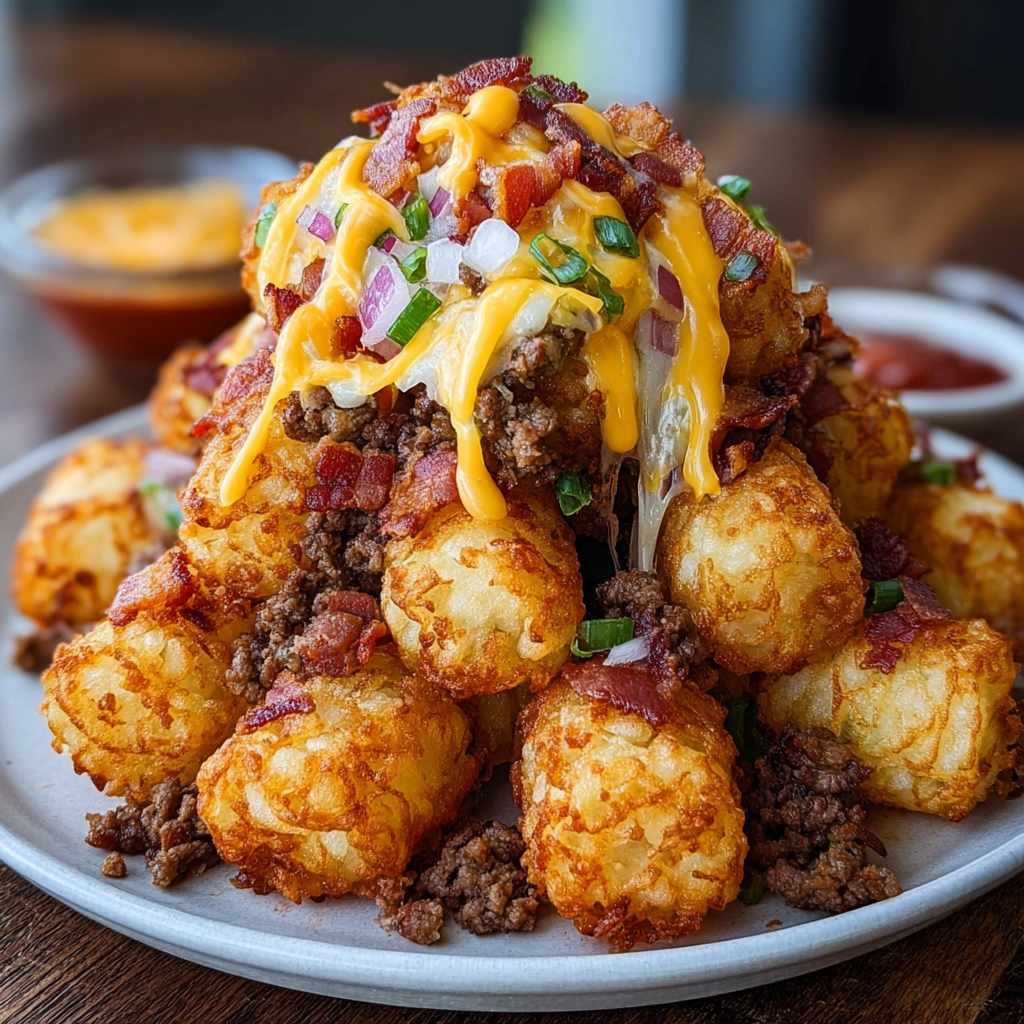 A plate of food with the name "Bacon Cheesy Tater Tots" written on it.