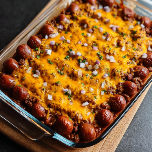 A delicious chili dog casserole with a variety of toppings, including onions and peppers, is served in a glass dish.