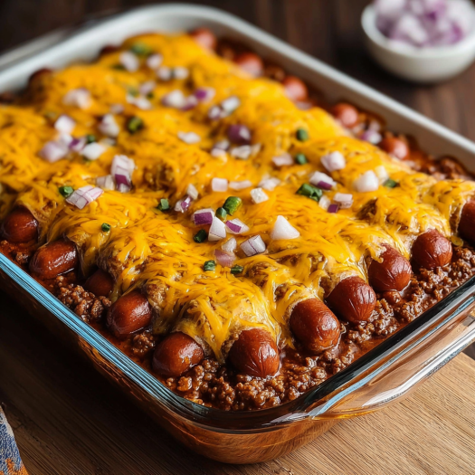A delicious chili dog casserole with onions and peppers.