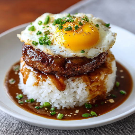 A plate of food with a fried egg on top of rice and meat.