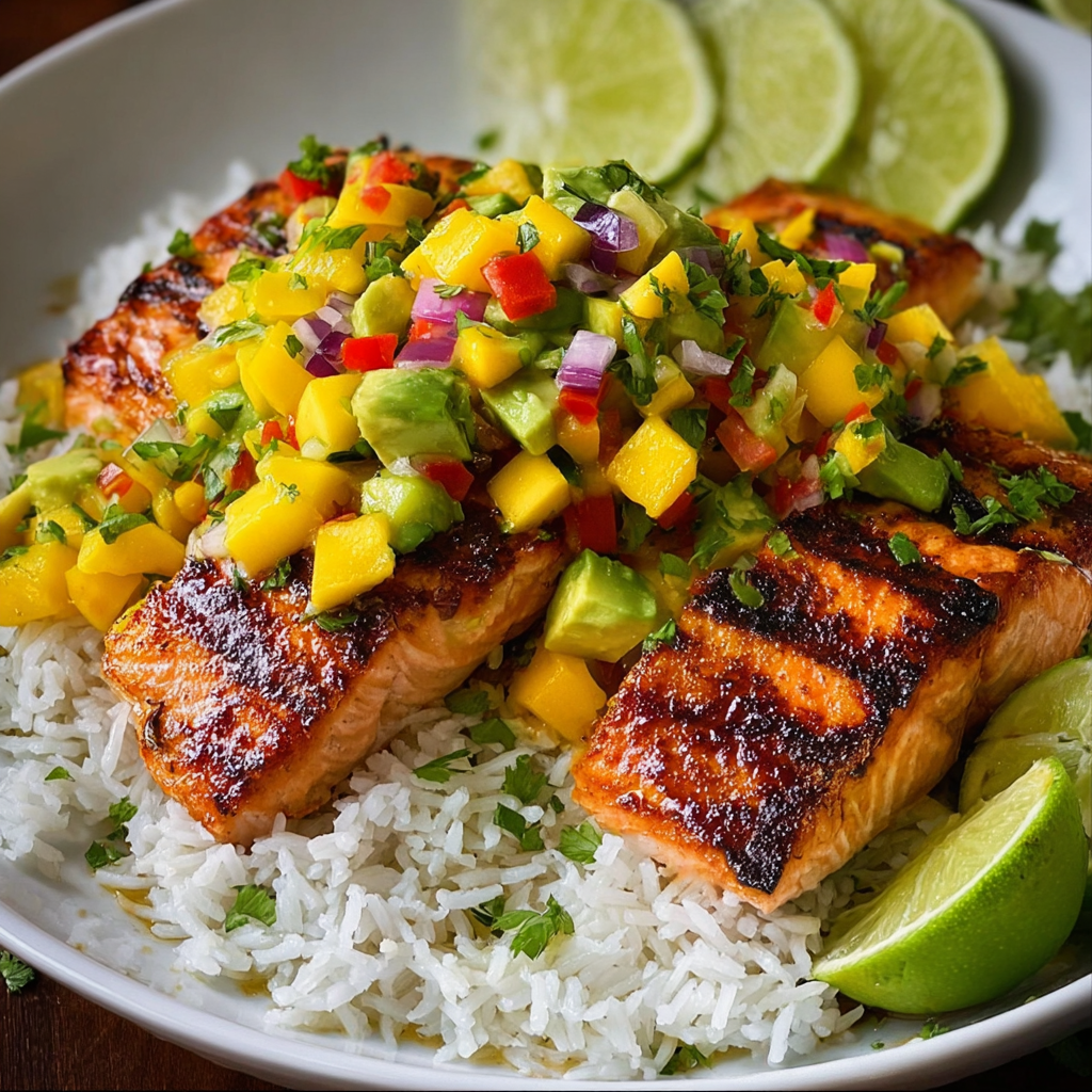 A plate of grilled salmon with mango salsa and coconut rice.