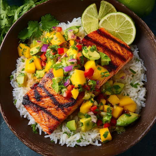 A bowl of grilled salmon with mango salsa and coconut rice.