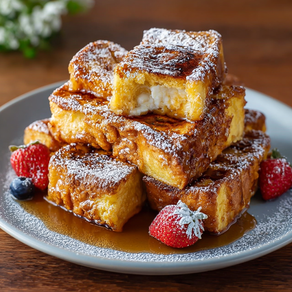 A plate of Hawaiian Roll French Toast is presented on a dining table.