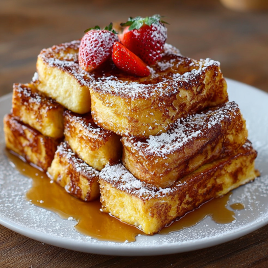 A stack of French toast with powdered sugar and strawberries on top.