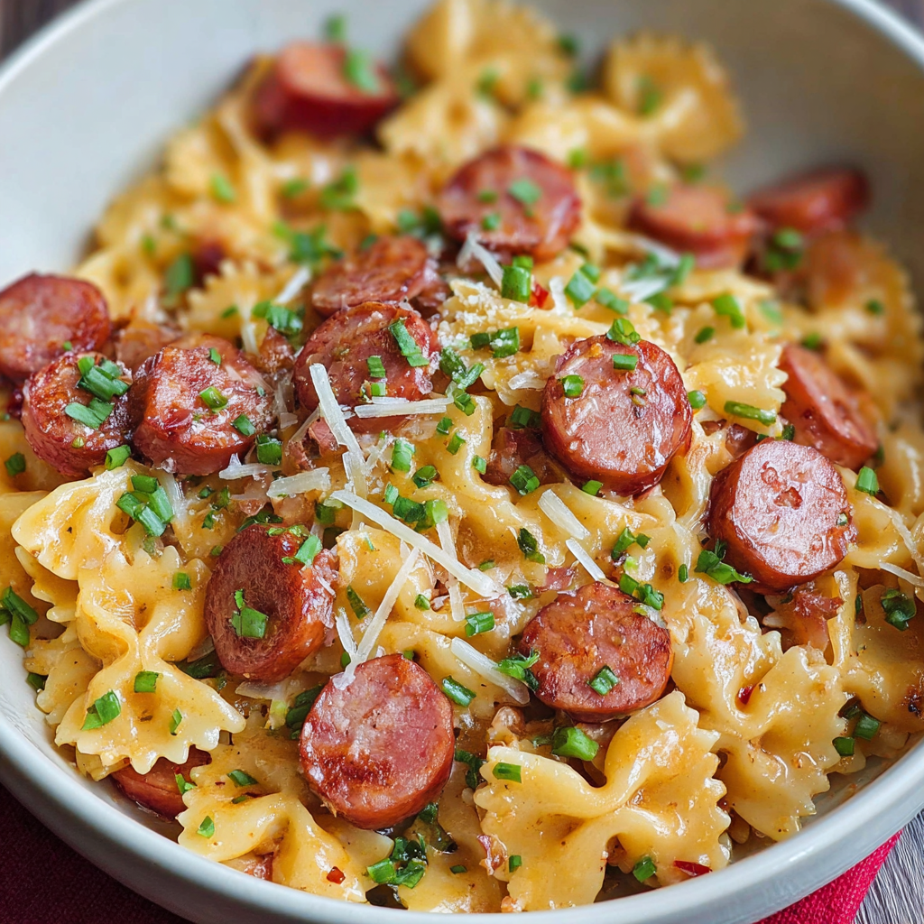 A bowl of pasta with sausage and cheese, ready to be served.