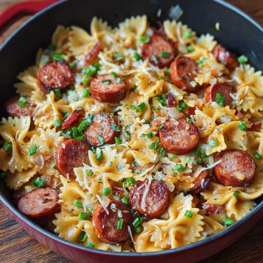 A delicious pasta dish with sausage, cheese, and peppers, served in a red bowl.