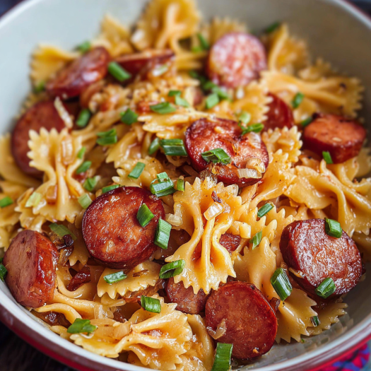 A bowl of pasta with sausage and green onions.
