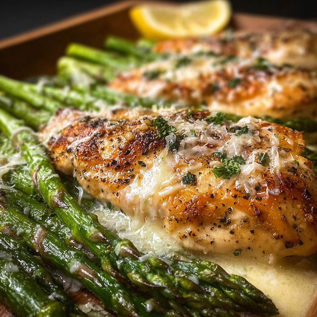 A delicious chicken dish with asparagus and lemon.