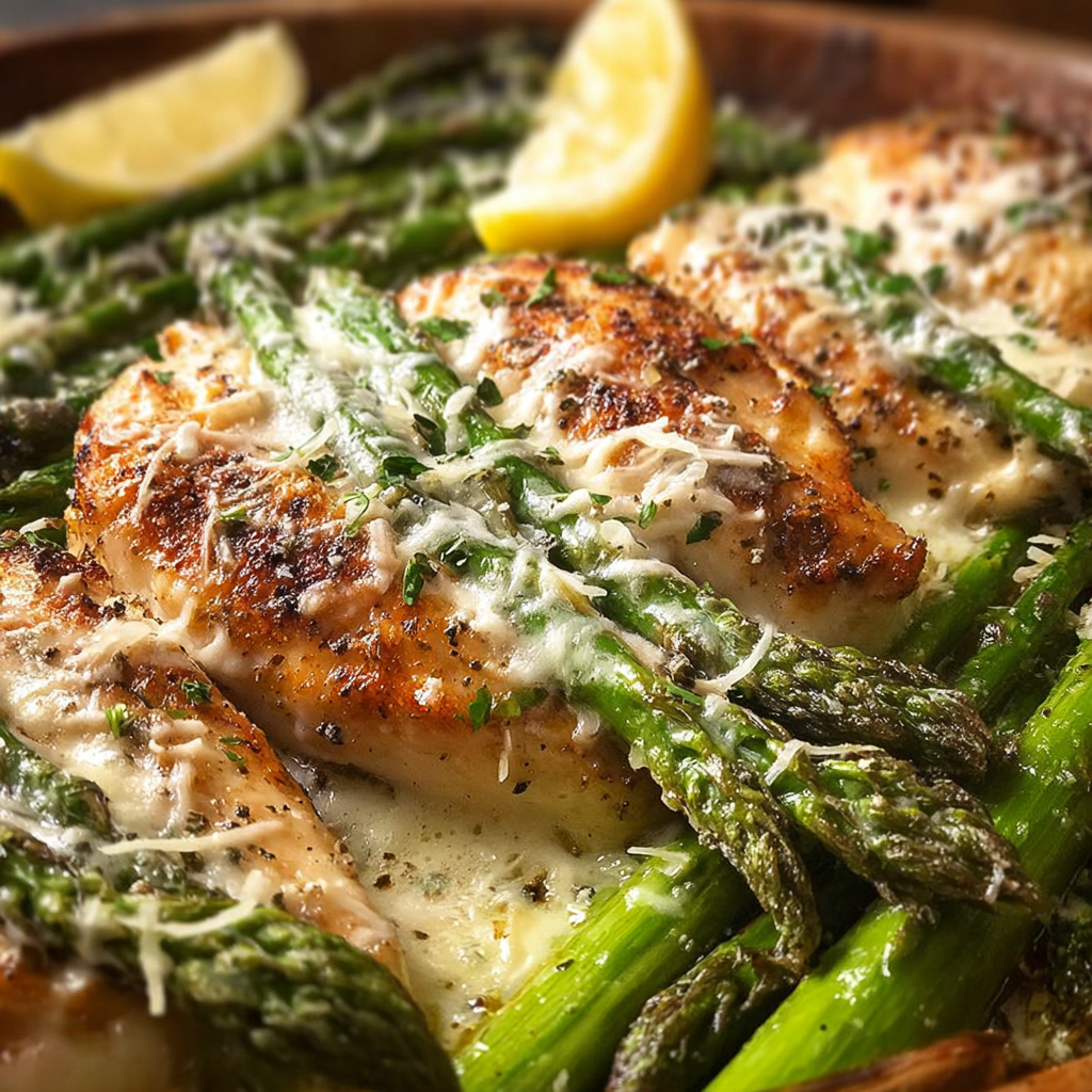 A delicious meal of chicken and asparagus with a white sauce.