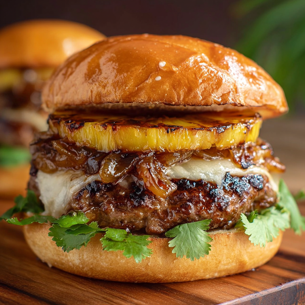 A delicious Hawaiian Teriyaki Burger with a pineapple ring on top, served on a wooden table.