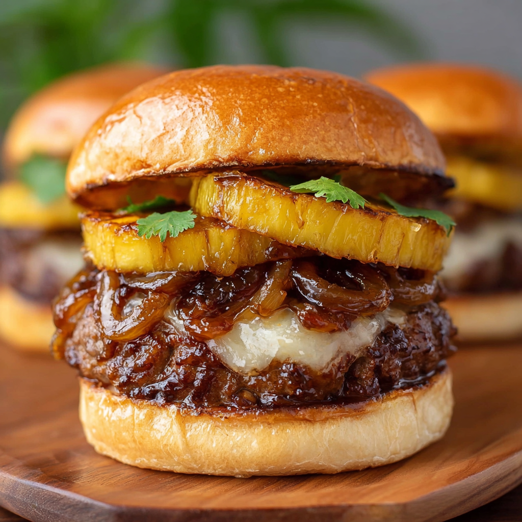 A close up of a delicious Hawaiian Teriyaki burger with pineapple and onions.