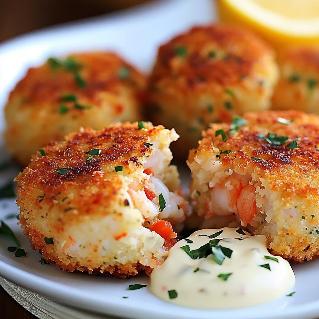 A plate of shrimp cakes with a lemon wedge on the side.