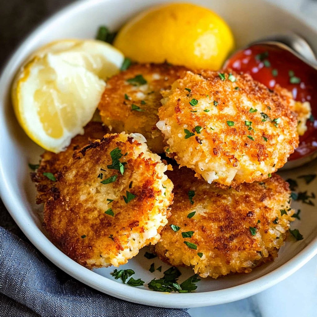 A bowl of fried fish with lemon wedges and a spoon.
