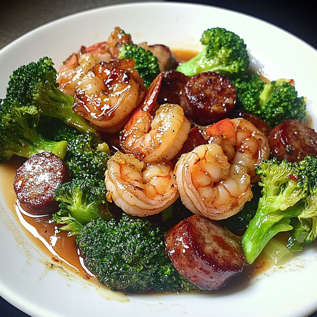 A white plate filled with a delicious meal of shrimp, sausage, and broccoli, all cooked in a honey garlic sauce.