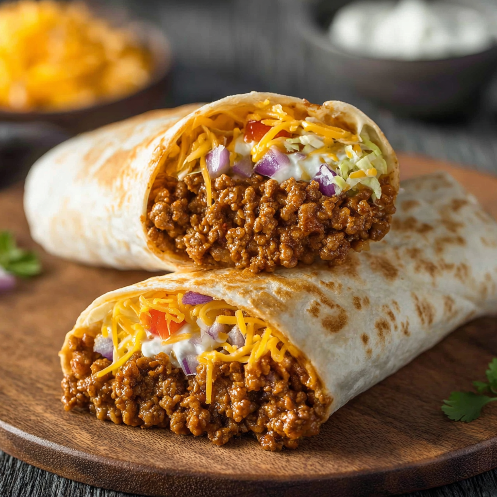 A delicious Taco Bell Beefy Melt Burrito is served on a wooden platter.