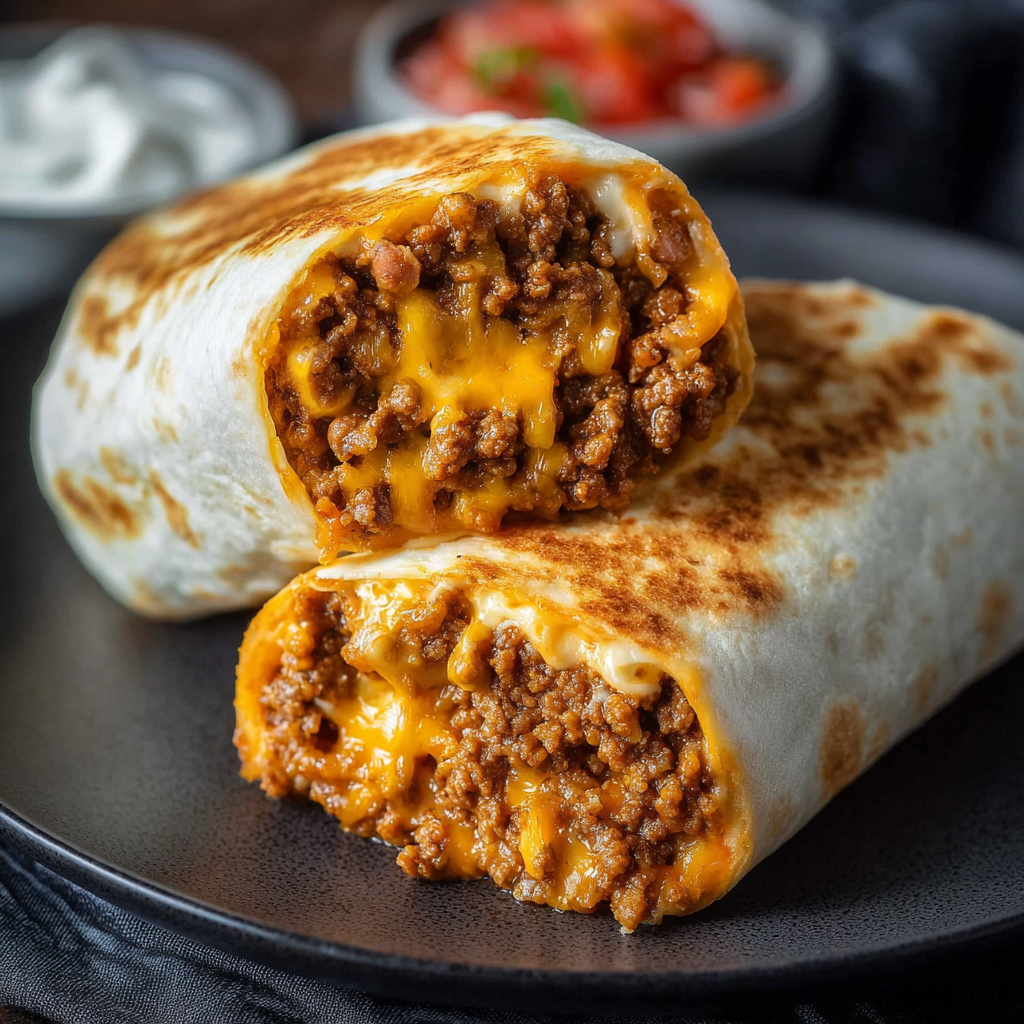 A delicious burrito filled with meat and cheese is served on a plate.