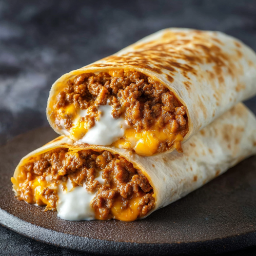 A delicious chili cheese burrito is served on a black plate.