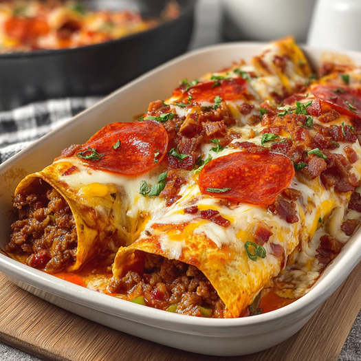A delicious homemade lasagna with pepperoni and cheese, served in a white bowl.