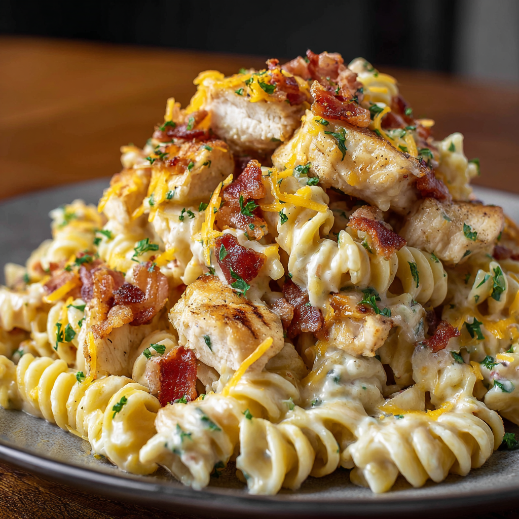 A delicious Chicken Bacon Ranch Pasta dish is served on a plate.
