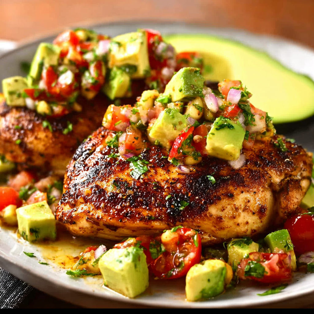 A plate of Fiesta Lime Chicken with Avocado Salsa, topped with tomatoes and lime.