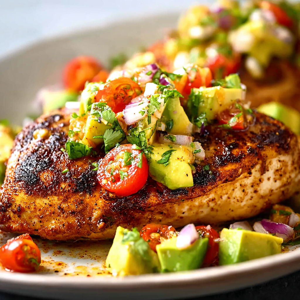 A plate of food with a chicken breast topped with tomatoes, avocado, and lime.