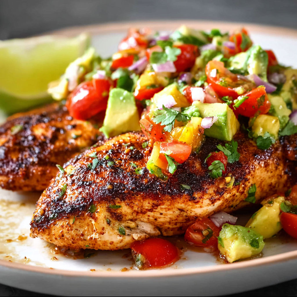 A plate of grilled chicken with a variety of vegetables, including tomatoes, avocado, and lime.