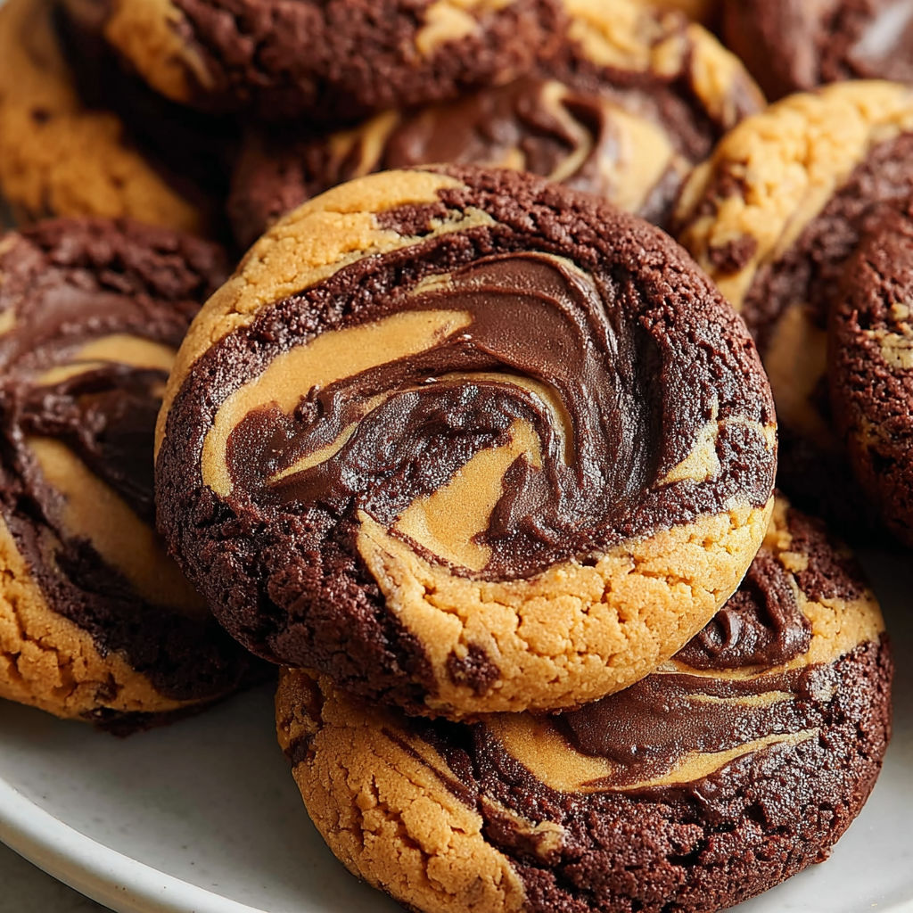A plate of Peanut Butter Brownie Swirl Cookies.