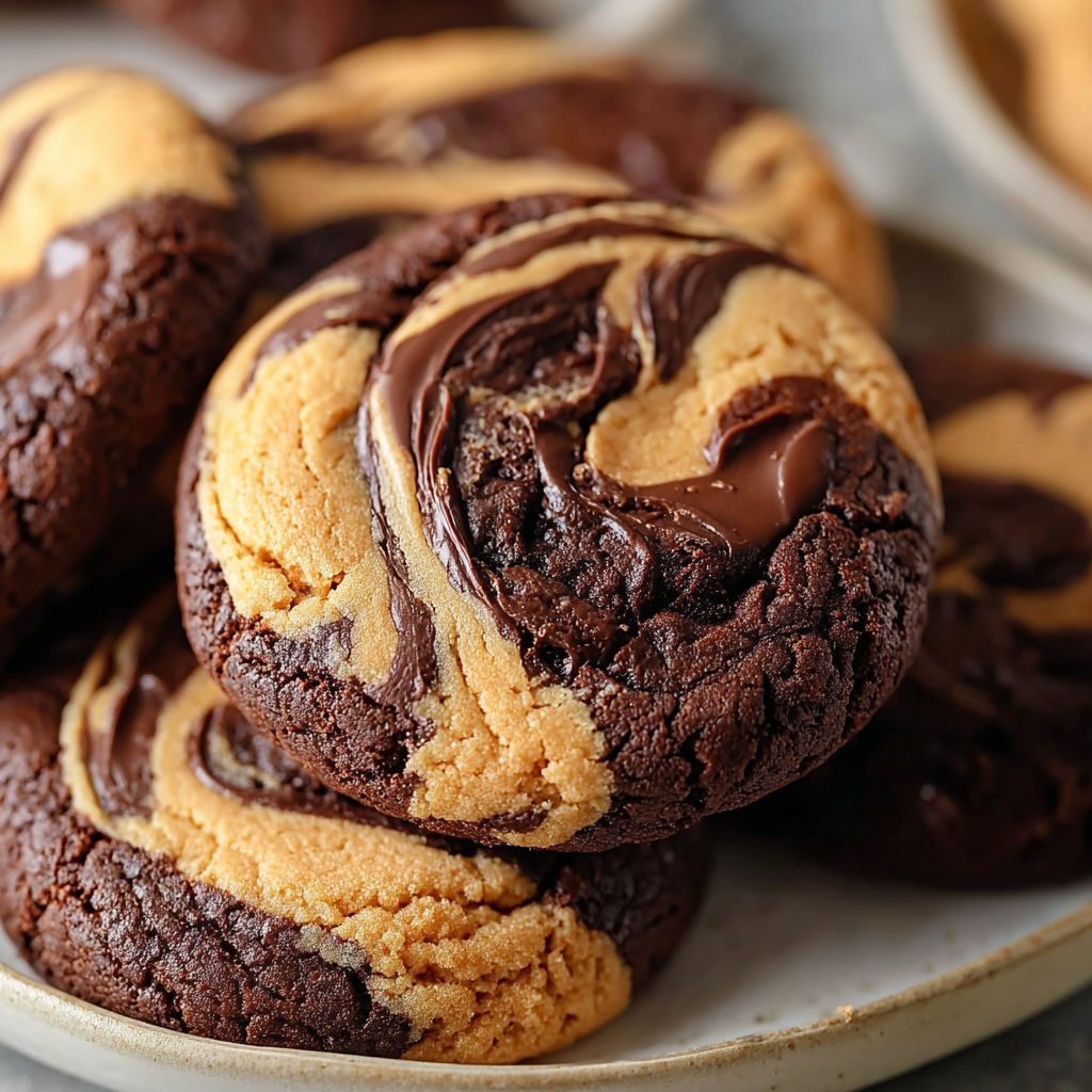 A plate of Peanut Butter Brownie Swirl Cookies with chocolate drizzle.