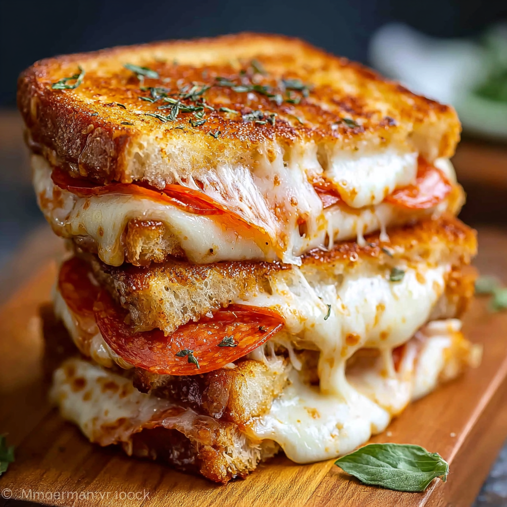 A stack of grilled cheese sandwiches with tomato slices on top.