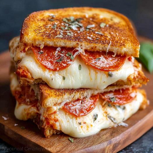 A stack of grilled cheese sandwiches with pepperoni and cheese on a wooden cutting board.