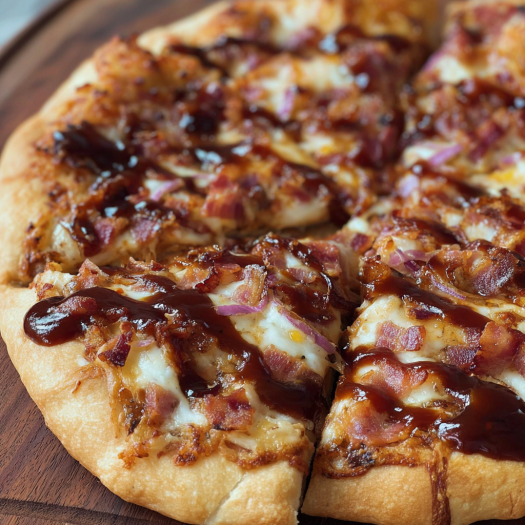 A slice of pizza with onions and bacon toppings, drizzled with BBQ sauce.