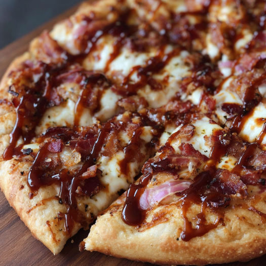 A slice of pizza with BBQ sauce and onions on a wooden table.