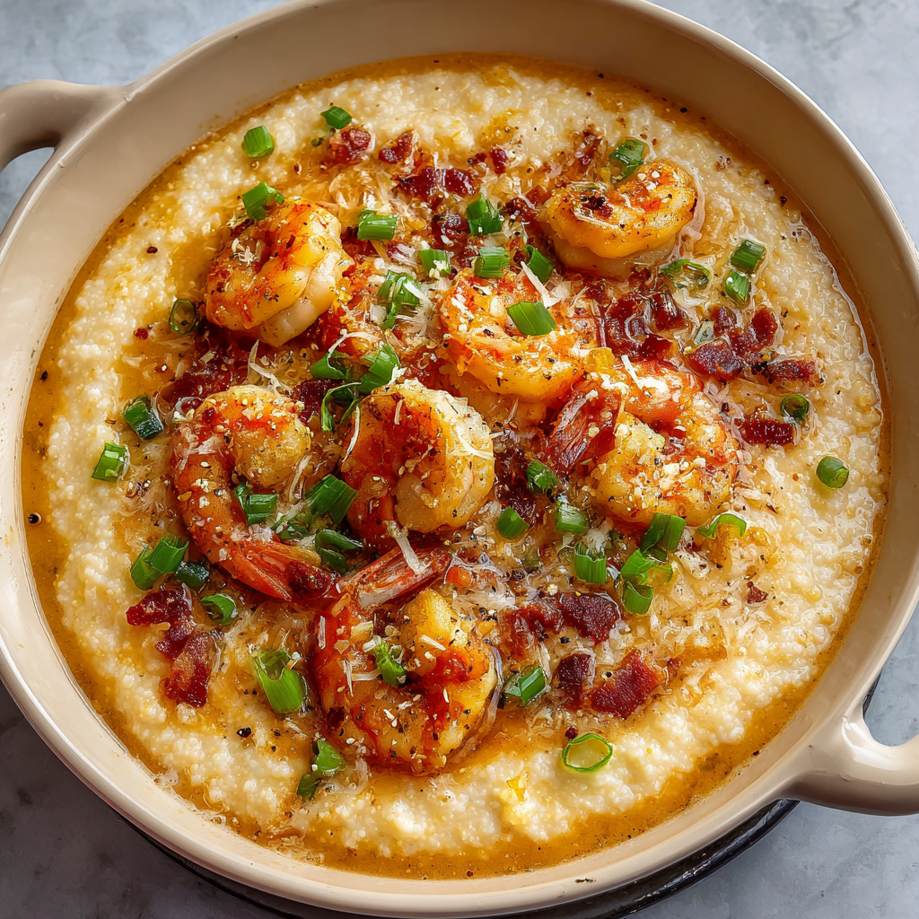 A bowl of Cajun New Orleans Shrimp and Grits, topped with bacon and green onions.