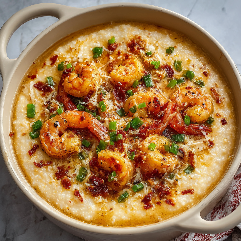 A bowl of shrimp and cheese grits sits on a table.