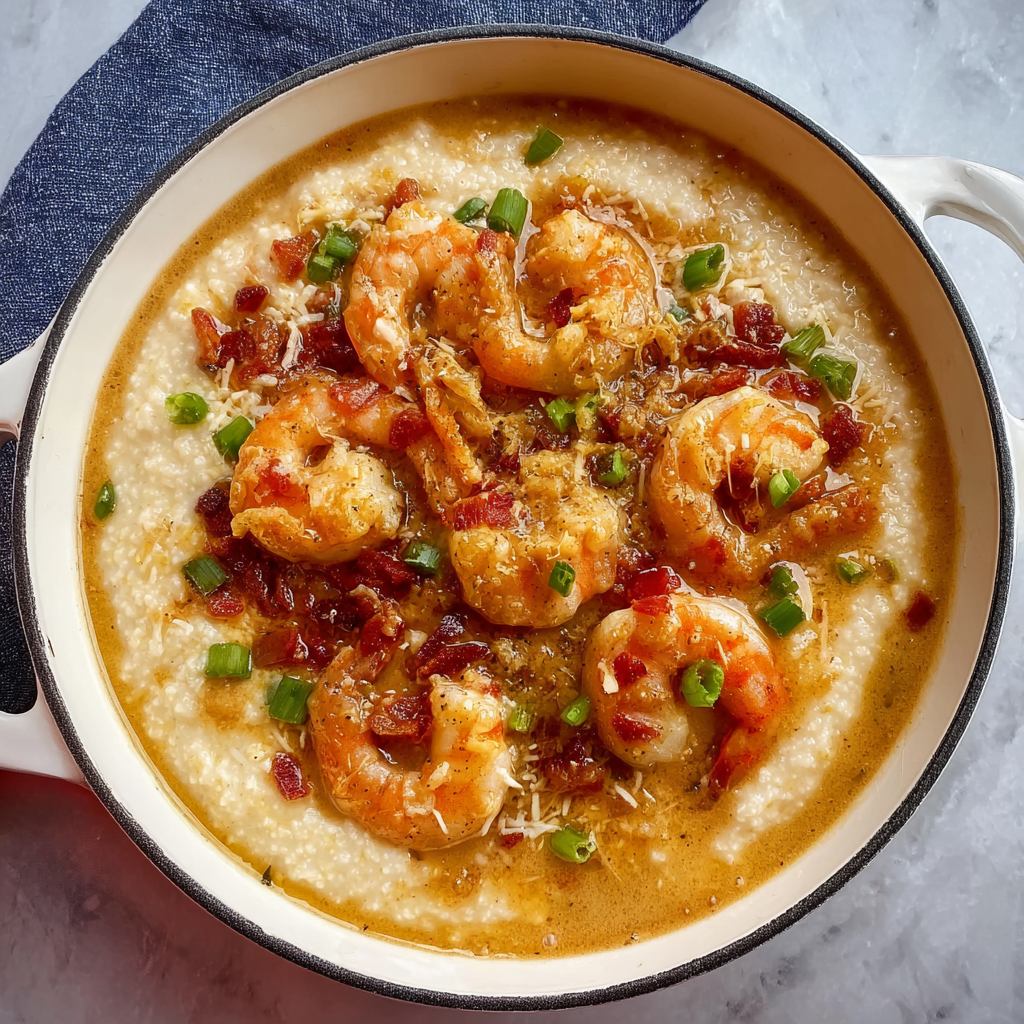 A bowl of shrimp and grits with bacon bits on top.