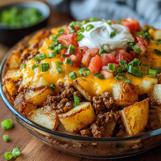A delicious meal of chili cheese potatoes with a dollop of sour cream on top.