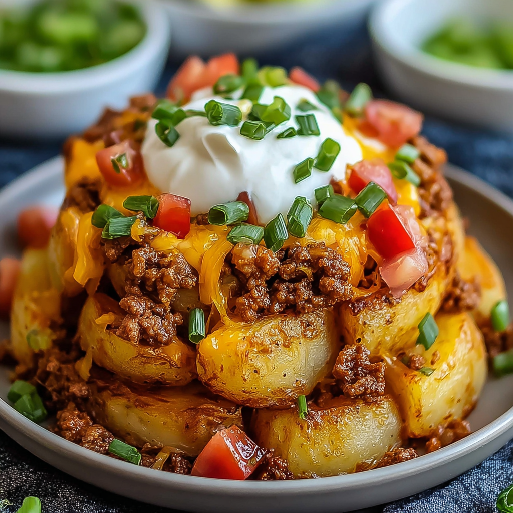 A delicious meal of chili cheese potatoes with a dollop of sour cream on top.