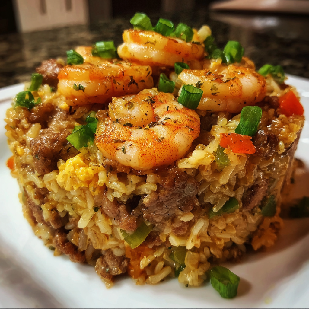 A plate of shrimp dirty rice with a variety of vegetables on top.