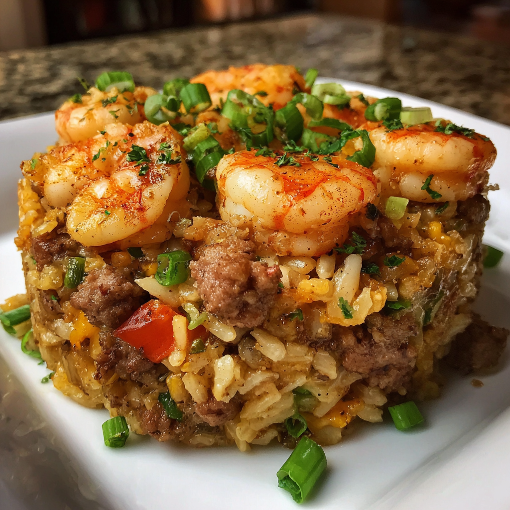 A plate of shrimp dirty rice with a variety of vegetables and spices.