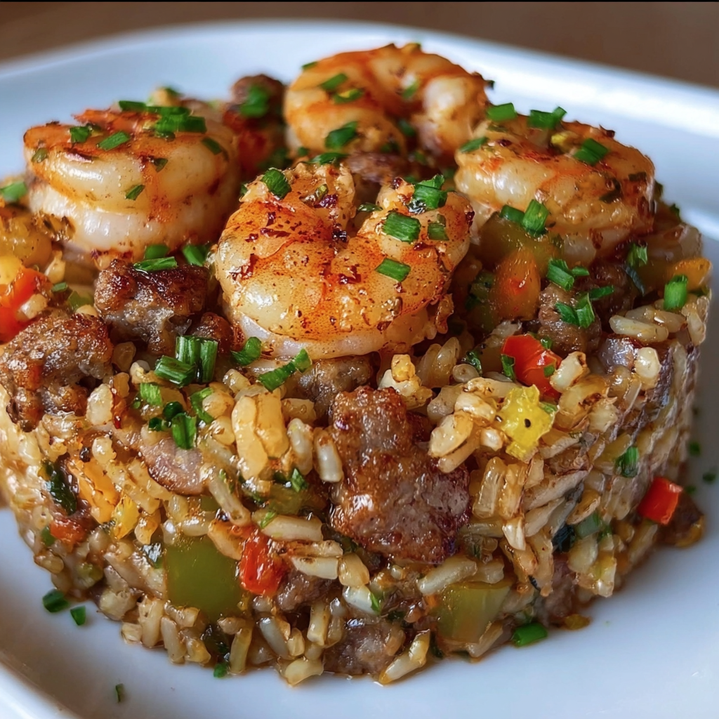 A plate of shrimp dirty rice with a variety of vegetables and herbs.