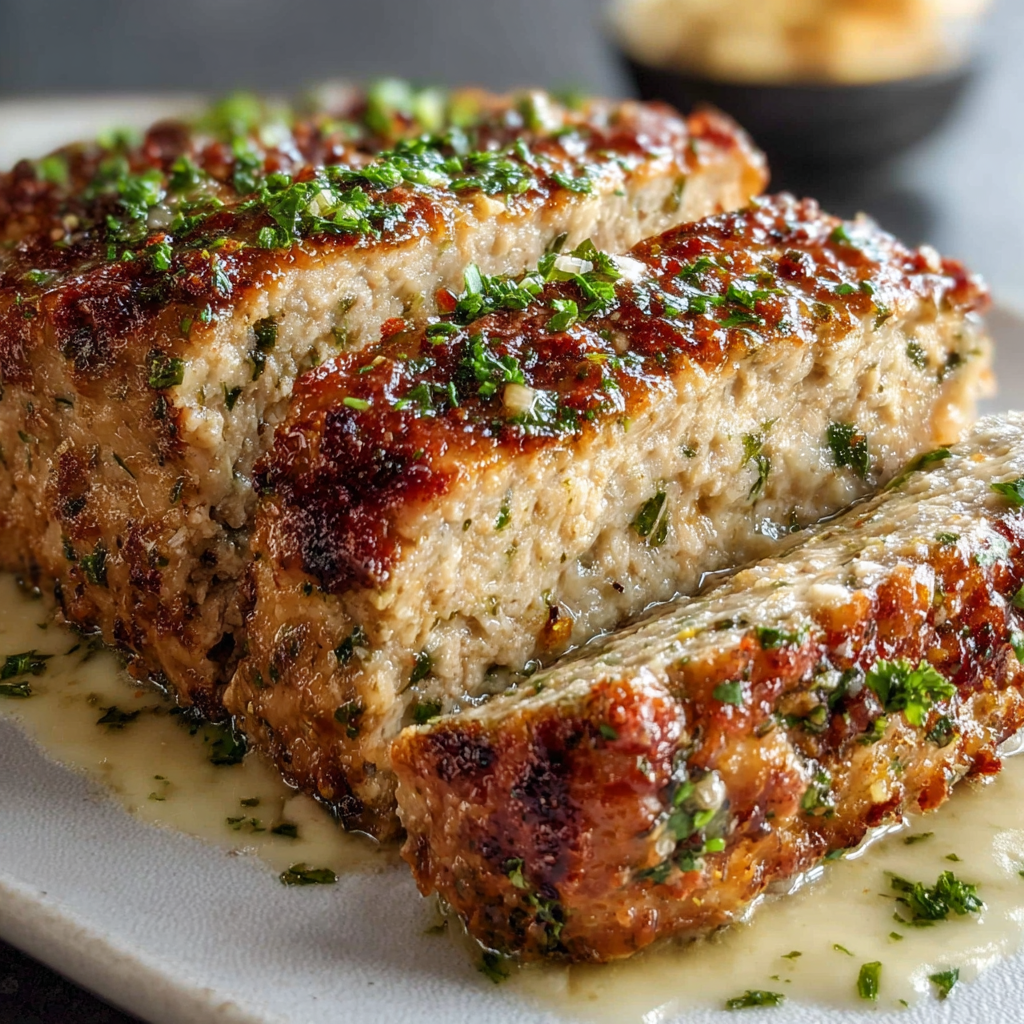 A slice of Parmesan Chicken Meatloaf is served on a plate.