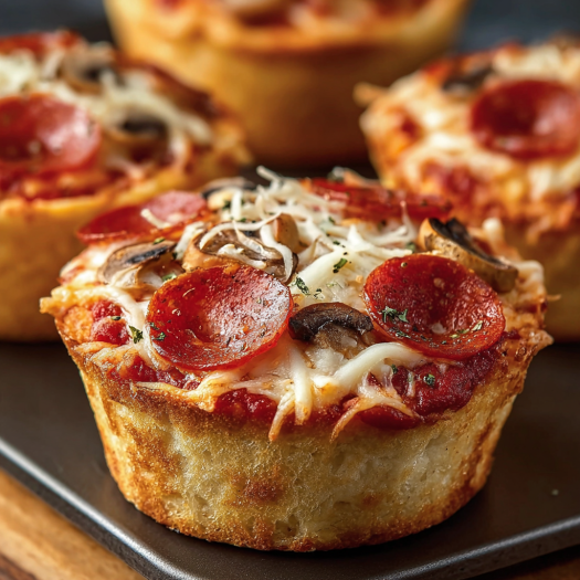 A close up of a pepperoni and mushroom pizza in a cupcake holder.