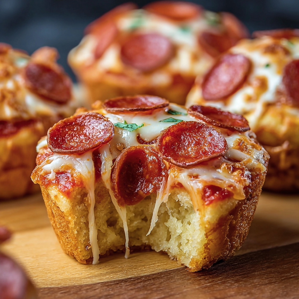 A close up of a pepperoni and cheese muffin with a slice missing.
