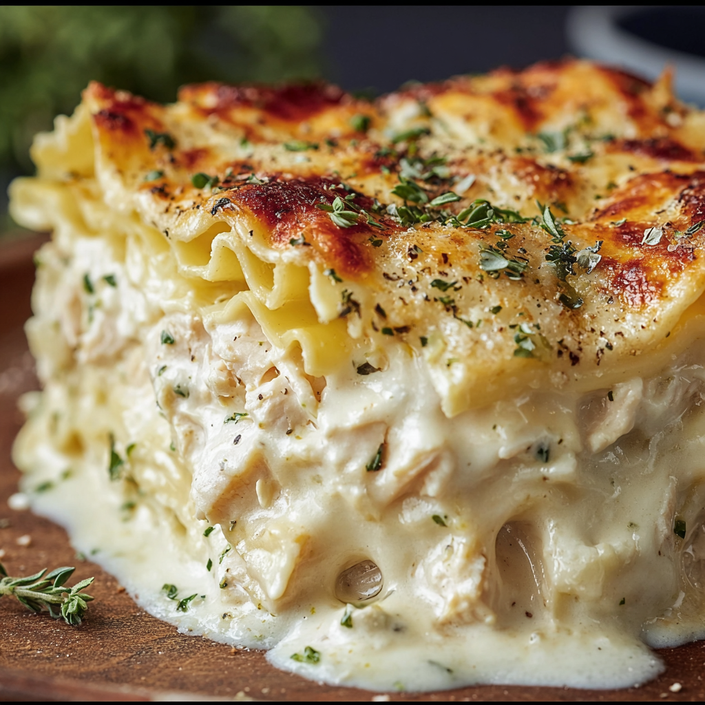 A delicious Ultimate Chicken Alfredo Lasagna is served on a plate.
