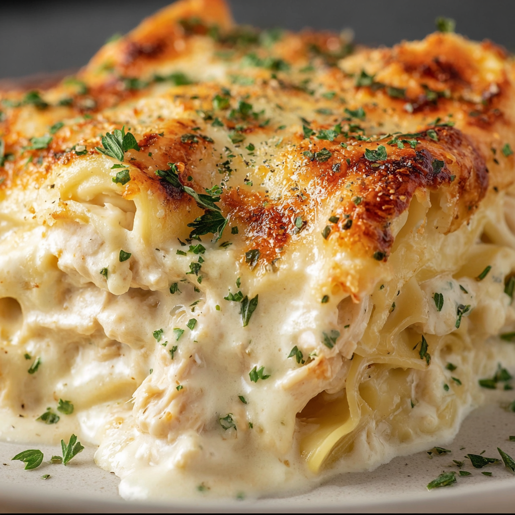 A delicious Ultimate Chicken Alfredo Lasagna is served on a plate.