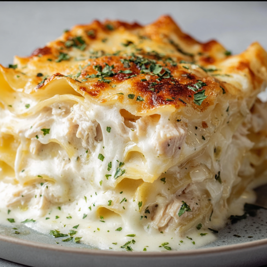 A delicious Ultimate Chicken Alfredo Lasagna is served on a plate.