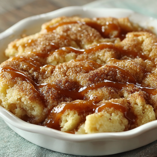 A white bowl filled with a delicious dessert, possibly a cinnamon roll, covered in a caramel sauce.