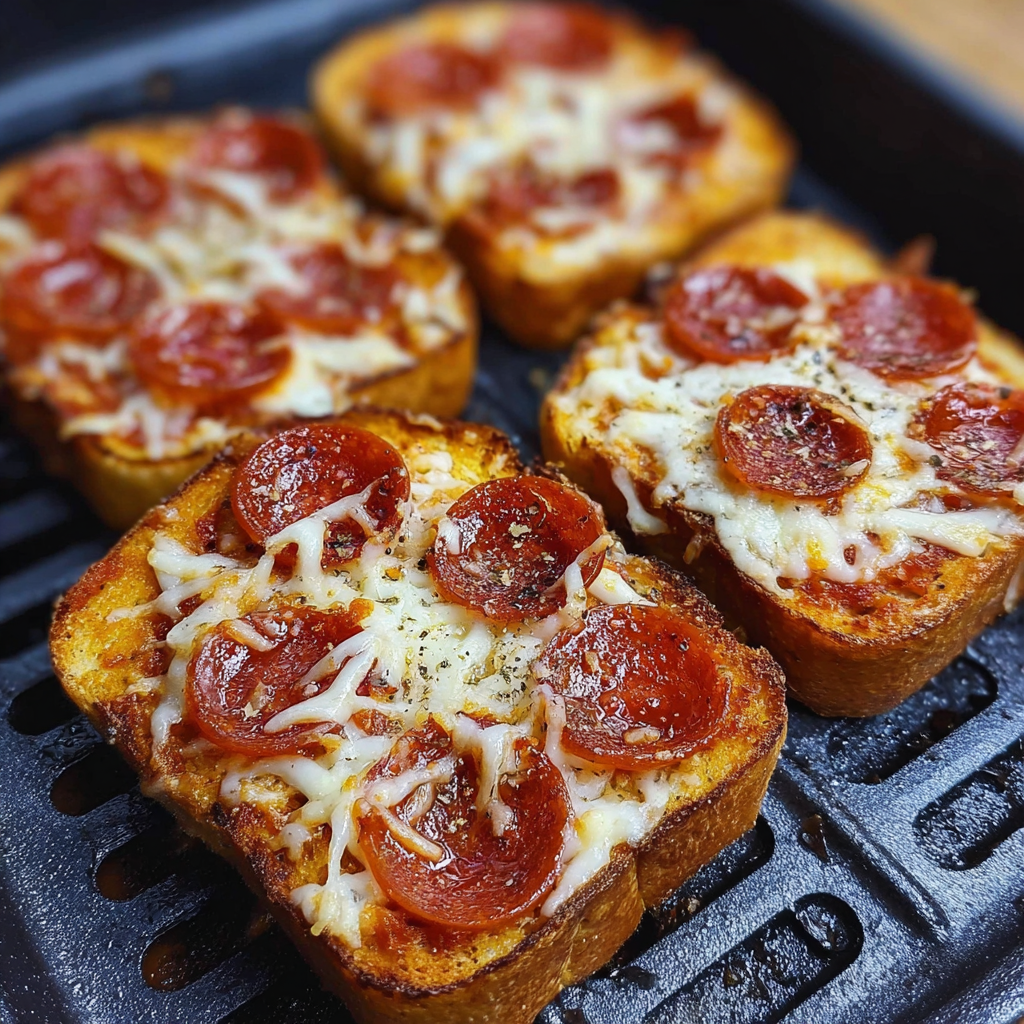A close up of a pepperoni and cheese toast on a grill.
