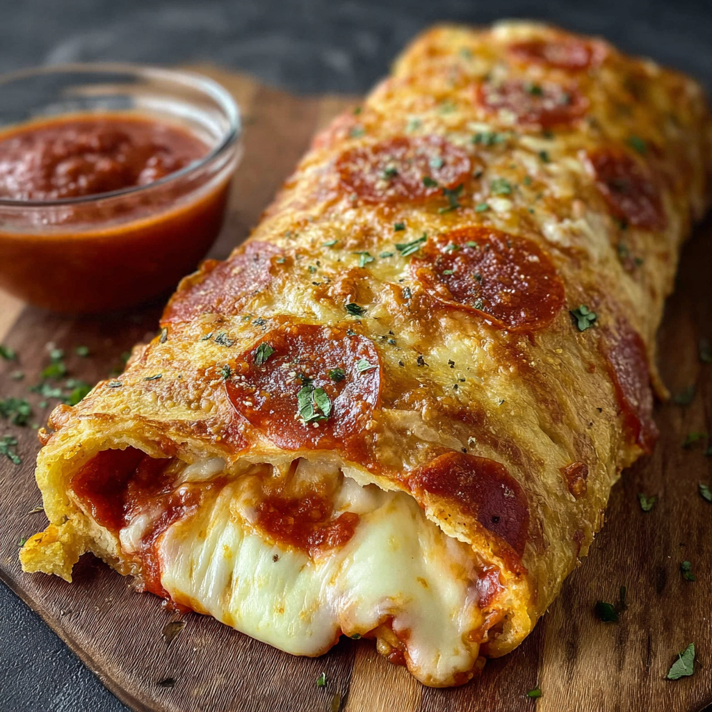 A delicious Tremendous Cheesy Pepperoni Stromboli is served on a wooden platter, accompanied by a side of marinara sauce.