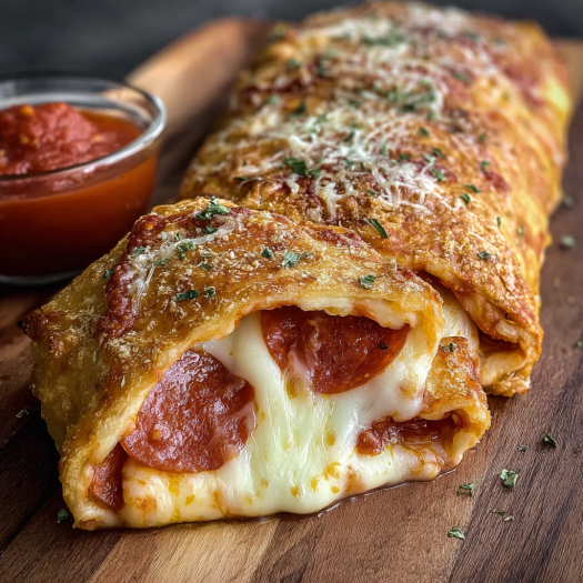 A slice of cheesy pepperoni stromboli is served on a wooden cutting board.